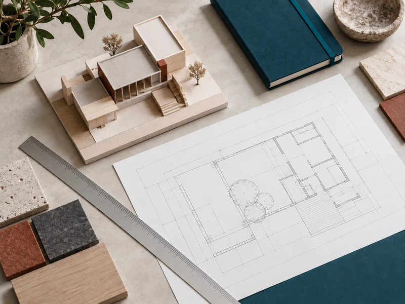 Illustration de plans et d’une maquette de travail.