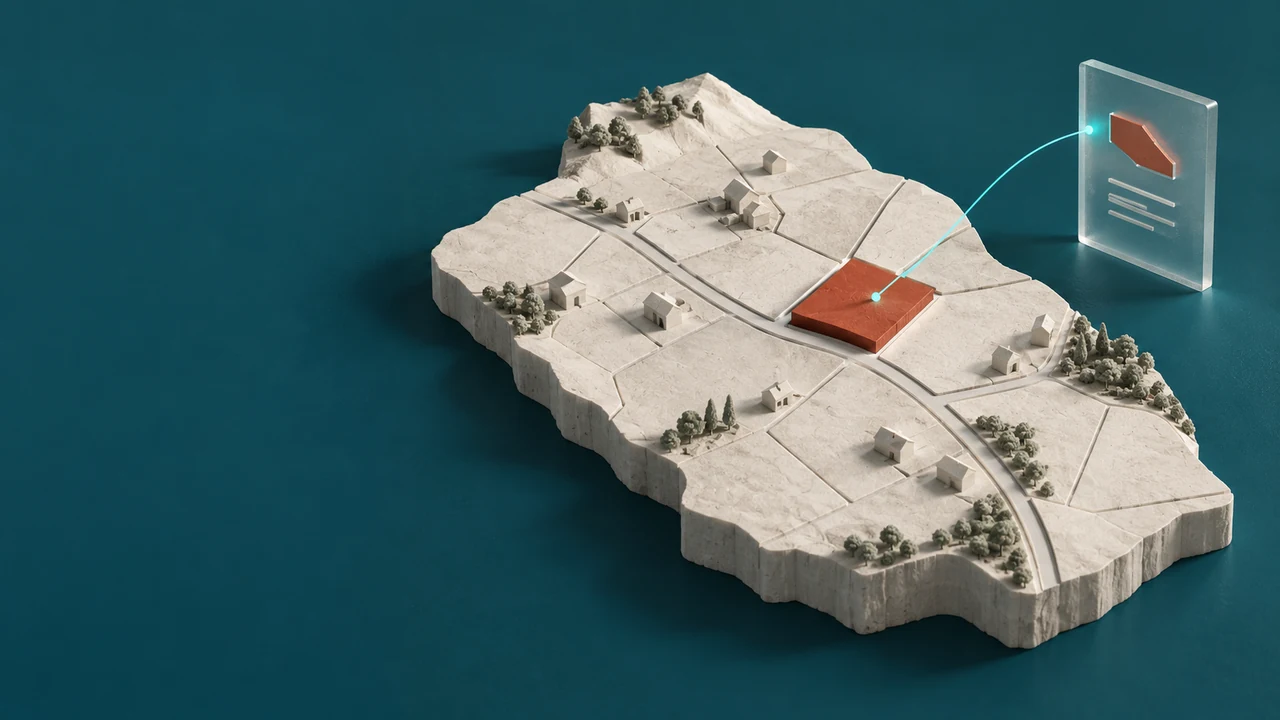 Illustration conceptuelle : une parcelle mise en évidence est reliée à un dossier commercial.