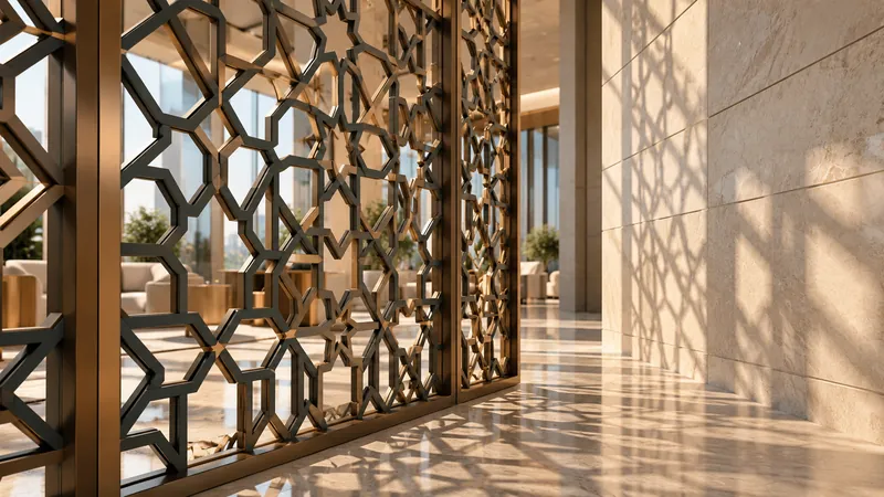 Motifs géométriques d’inspiration moucharabieh dans un espace d’affaires.