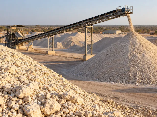 Convoyeur à bande et stocks de minerai.