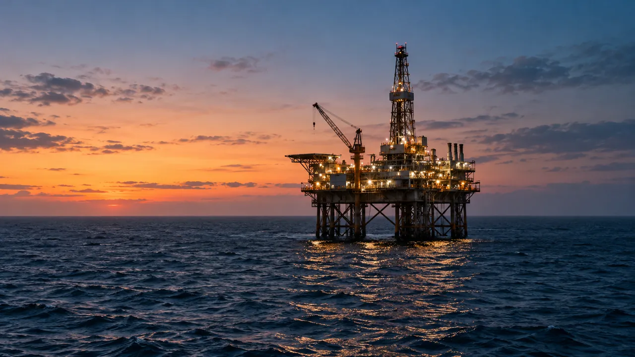 Plateforme pétrolière en mer au crépuscule.